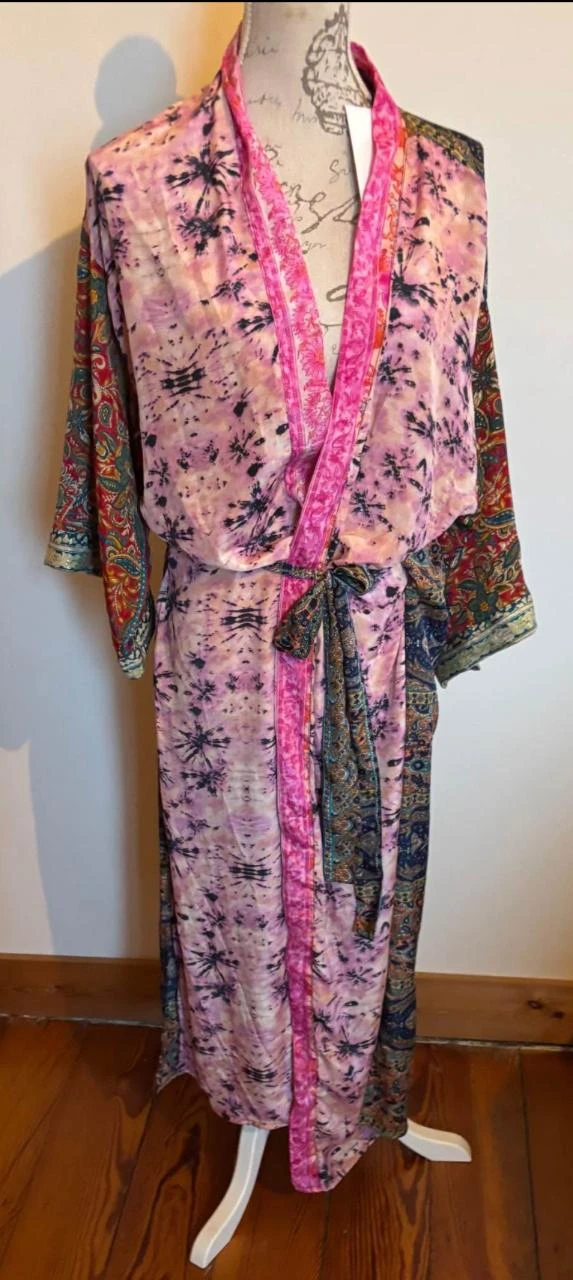 ♥ Long kimono satiné & ceinture dans les tons rosés Gold & Silver - Taille U – photo 5